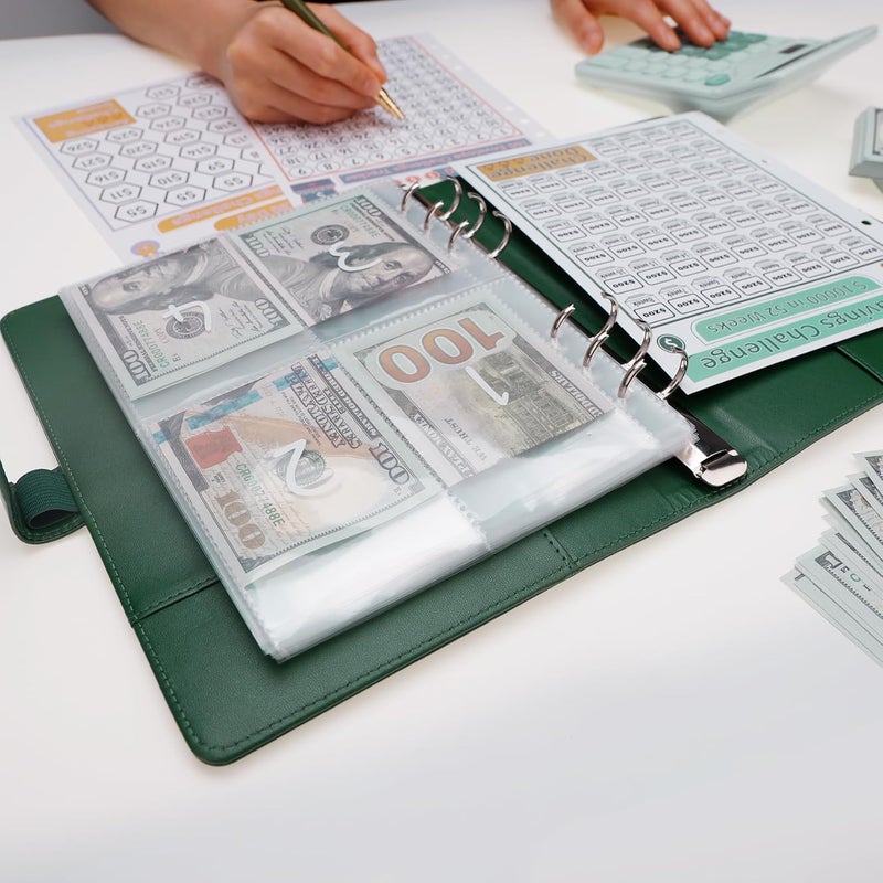 Antner 100 Envelopes Money Saving Challenge Binder, Savings Challenges Book with Envelopes & 3 Challenge Trackers to Save $5,050 and $500 and $10,000, A5 Budget Binder Money Saving Book, Dark Green - Image 5